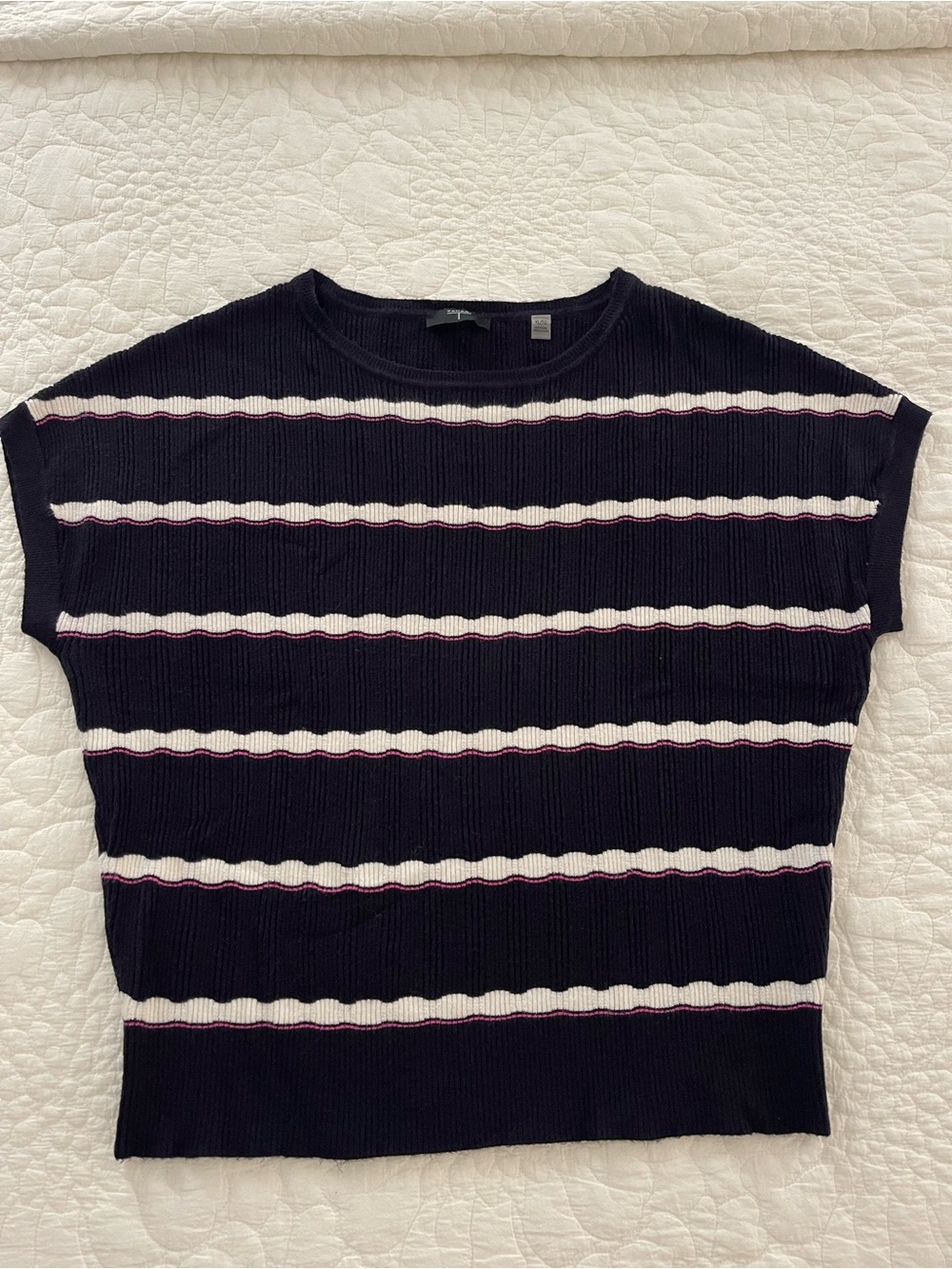 Tahari Navy Striped Cap Sleeve Knit Sweater Top Parisian Coastal Preppy Nautical